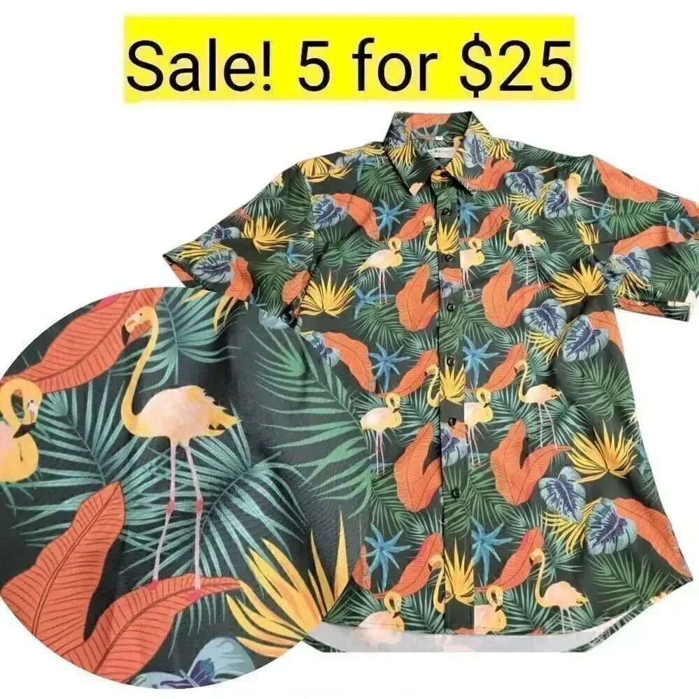 Hawaiian Flamingo Green Button Down Shirt on Sale 5 for $25